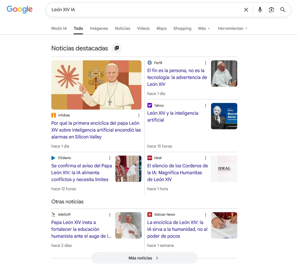 Última búsqueda en Google sobre el Papa León XIV y la IA